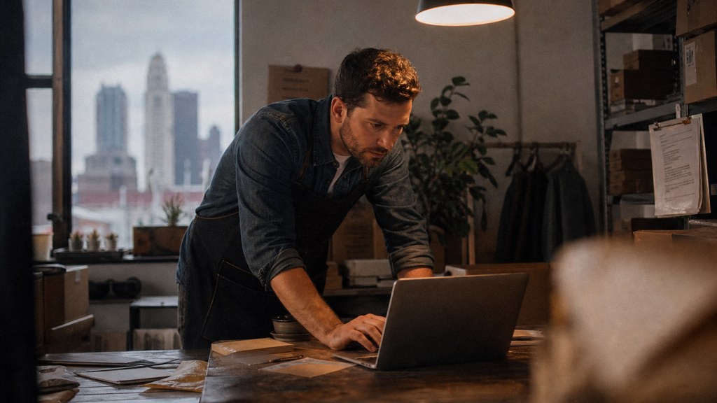 A small-business owner in an apron leaning over a laptop on a cluttered back-office desk late in the day, photographed in Columbus