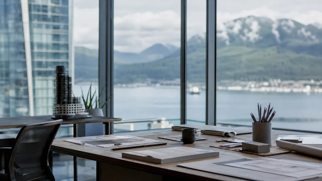 Editorial photograph of an empty design studio workspace in a Vancouver glass tower with floor-to-ceiling windows onto misty harbour water and forested north shore mountains