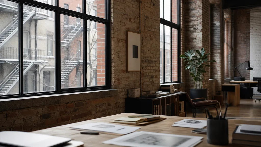 Editorial photograph of an empty design studio workspace in a converted Montreal brick warehouse with tall industrial windows onto snowy grey streets and iron staircases