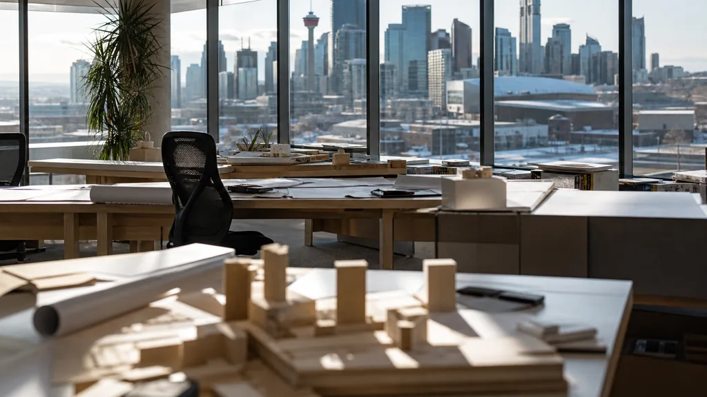 Editorial photograph of an empty design studio workspace in a Calgary downtown office with wide windows onto low prairie skyline and bright winter light
