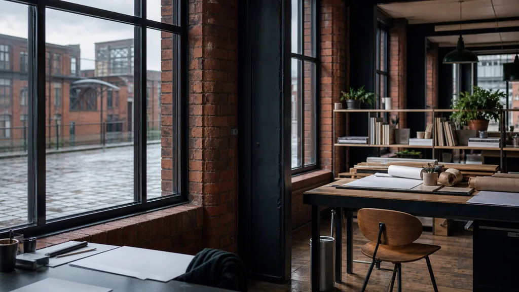 Editorial photograph of an empty design studio workspace in a Manchester red-brick mill conversion with steel-framed windows onto wet cobbled streets and grey sky