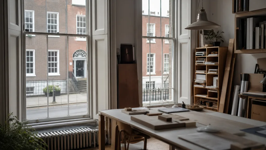 Editorial photograph of an empty design studio workspace in a Dublin Georgian building with tall sash windows onto brick terraces, iron railings and soft overcast light