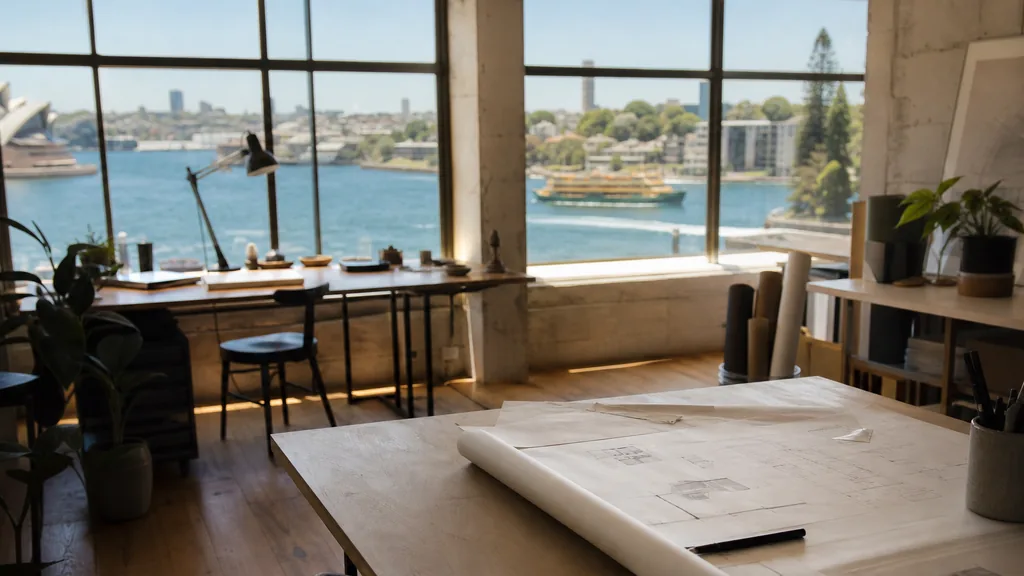 Editorial photograph of an empty design studio workspace in a Sydney harbourside office with wide windows onto bright blue water, ferries and warm coastal light