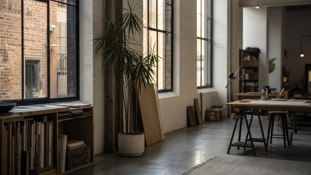 Editorial photograph of an empty design studio workspace in a Melbourne laneway warehouse conversion with high windows onto narrow brick lanes and soft afternoon light