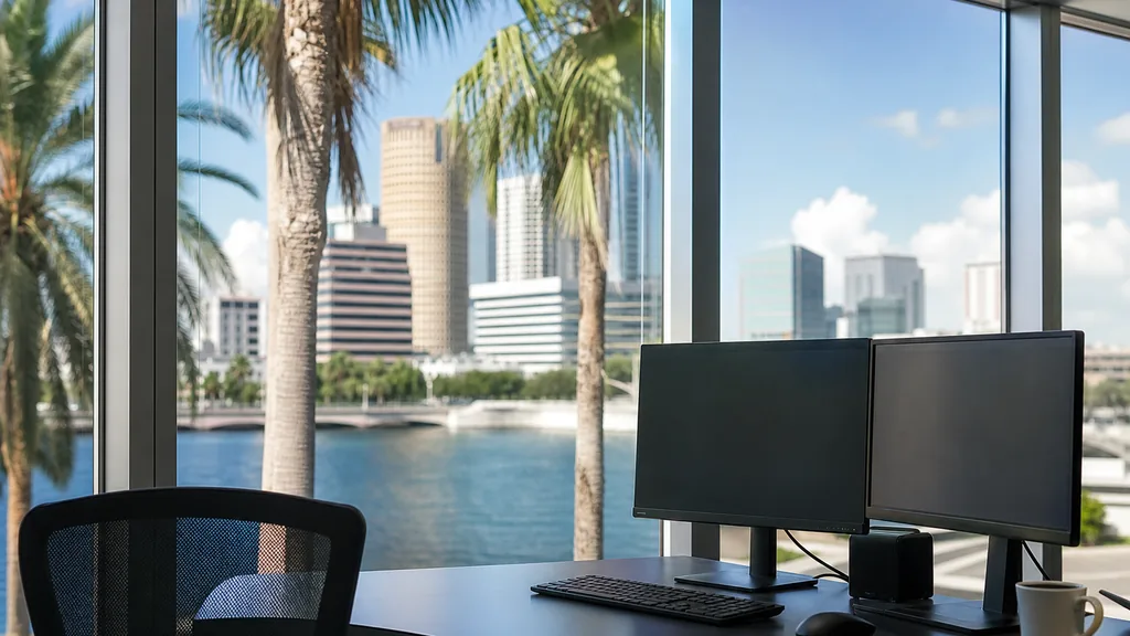Editorial photograph of an empty media buying workspace with dual monitors in a Tampa waterfront office, palm trees and bright humid Gulf light through wide windows
