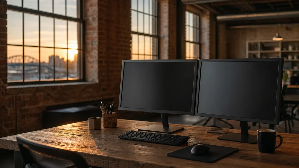Editorial photograph of an empty media buying workspace with dual monitors in a Nashville brick warehouse office, warm evening light through tall factory windows