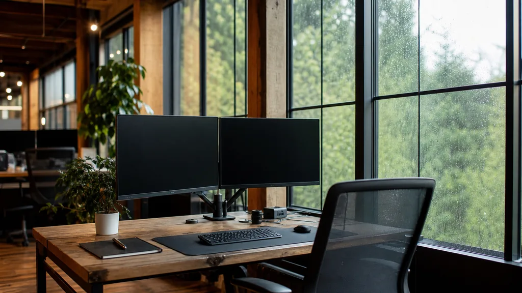 Editorial photograph of an empty media buying workspace with dual monitors in a Portland timber-framed loft office, rainy green treetops through steel windows