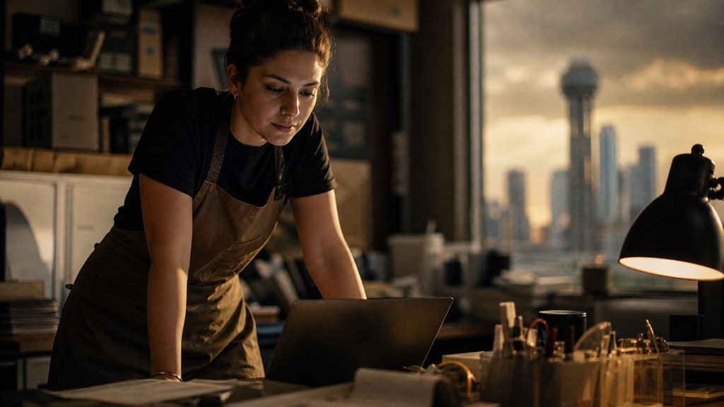 A small-business owner in an apron leaning over a laptop on a cluttered back-office desk late in the day, photographed in Dallas