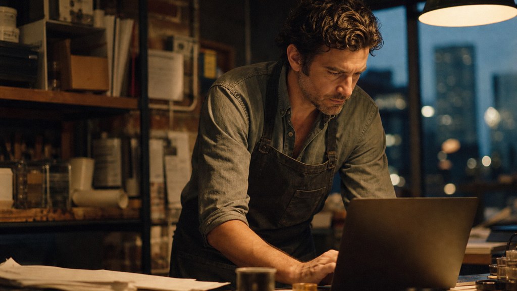 A small-business owner in an apron leaning over a laptop on a cluttered back-office desk late in the day, photographed in Dallas