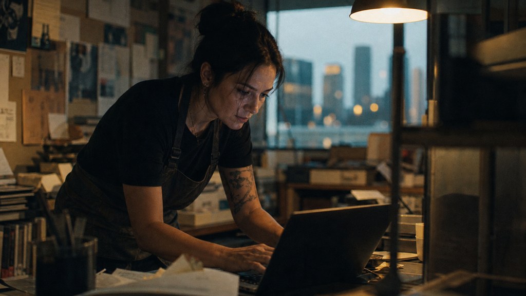 A small-business owner in an apron leaning over a laptop on a cluttered back-office desk late in the day, photographed in Dallas