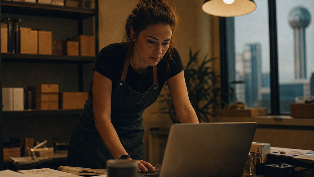A small-business owner in an apron leaning over a laptop on a cluttered back-office desk late in the day, photographed in Dallas