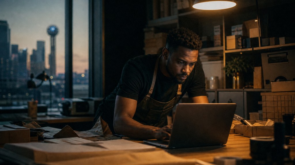 A small-business owner in an apron leaning over a laptop on a cluttered back-office desk late in the day, photographed in Dallas