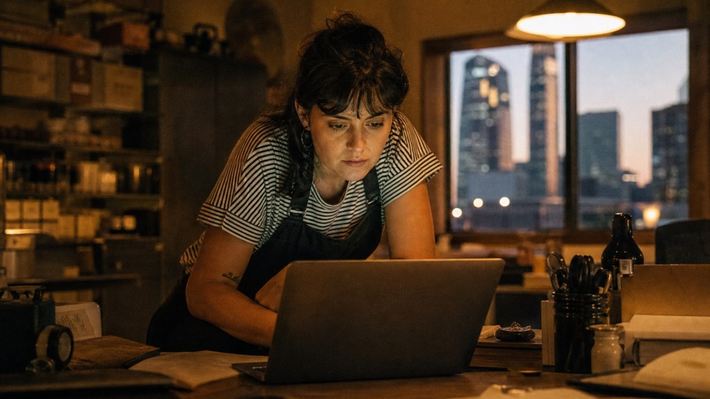 A small-business owner in an apron leaning over a laptop on a cluttered back-office desk late in the day, photographed in Dallas