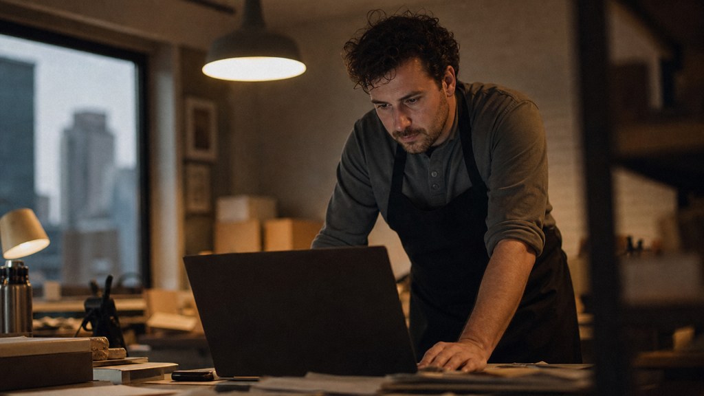 A small-business owner in an apron leaning over a laptop on a cluttered back-office desk late in the day, photographed in Dallas