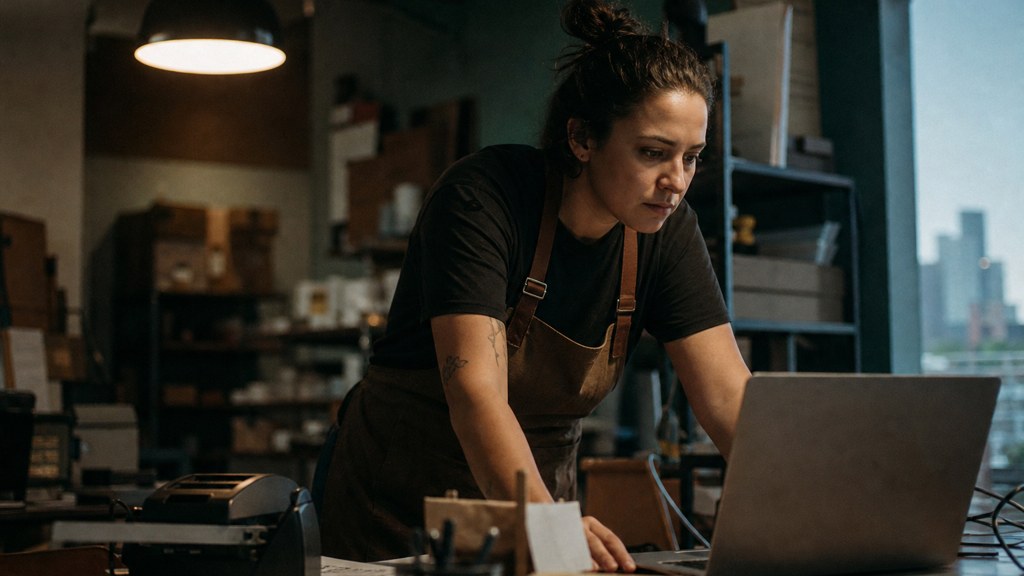 A small-business owner in an apron leaning over a laptop on a cluttered back-office desk late in the day, photographed in Dallas