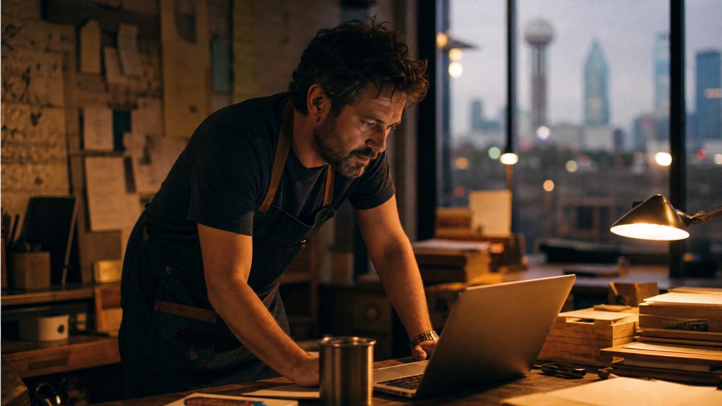 A small-business owner in an apron leaning over a laptop on a cluttered back-office desk late in the day, photographed in Dallas