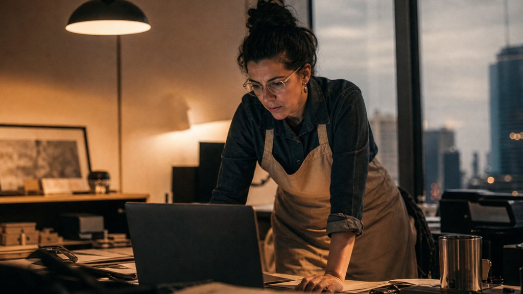 A small-business owner in an apron leaning over a laptop on a cluttered back-office desk late in the day, photographed in Dallas