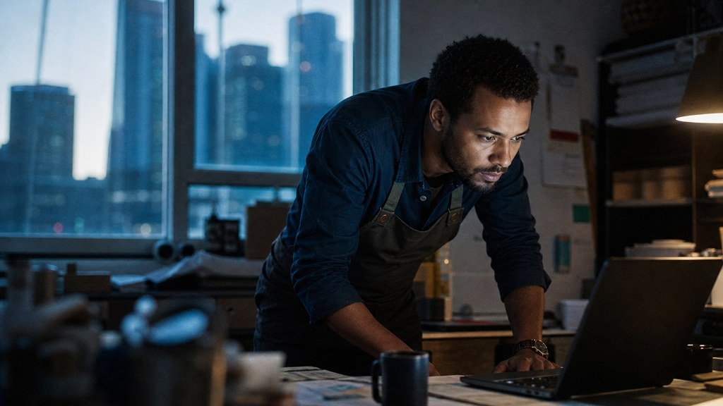 A small-business owner in an apron leaning over a laptop on a cluttered back-office desk late in the day, photographed in Dallas