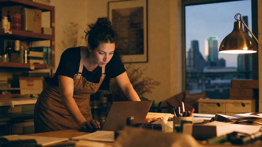 A small-business owner in an apron leaning over a laptop on a cluttered back-office desk late in the day, photographed in Dallas