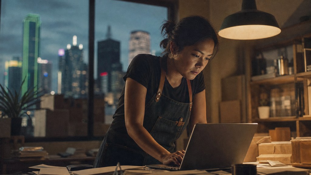 A small-business owner in an apron leaning over a laptop on a cluttered back-office desk late in the day, photographed in Dallas