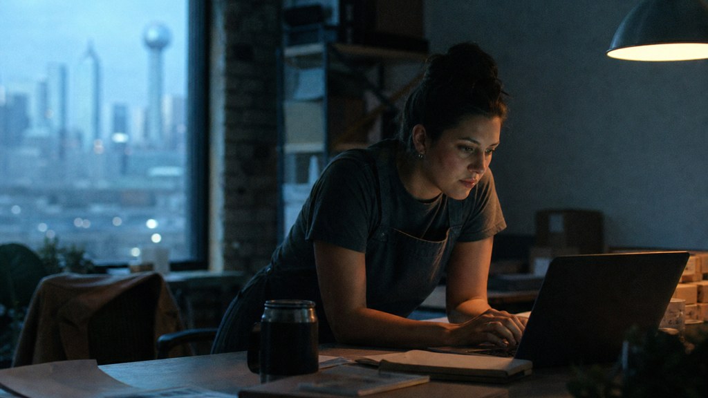 A small-business owner in an apron leaning over a laptop on a cluttered back-office desk late in the day, photographed in Dallas