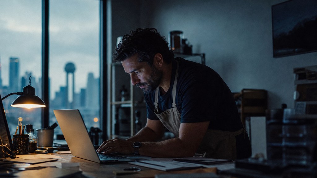 A small-business owner in an apron leaning over a laptop on a cluttered back-office desk late in the day, photographed in Dallas