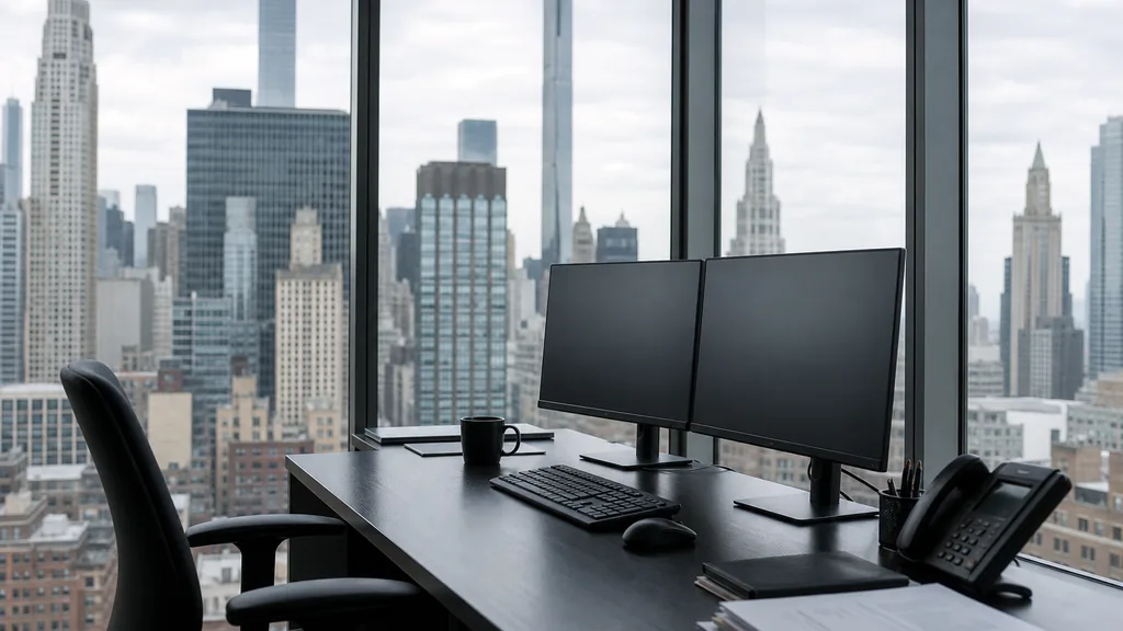 Editorial photograph of a Manhattan high-rise office, dense skyline and cool grey daylight through floor-to-ceiling glass
