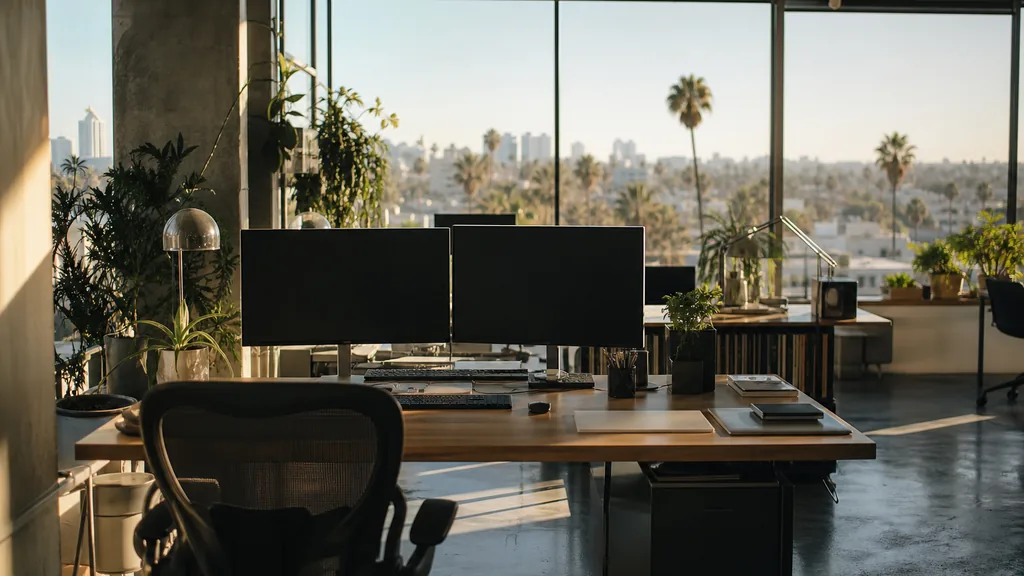 Editorial photograph of a Los Angeles creative loft, palm trees and warm hazy afternoon light through wide windows