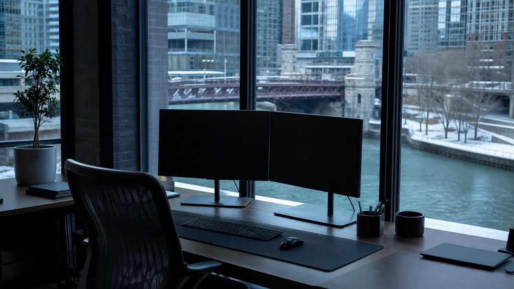 Editorial photograph of a Chicago river-front office, steel bridges and cold blue winter light through tall windows