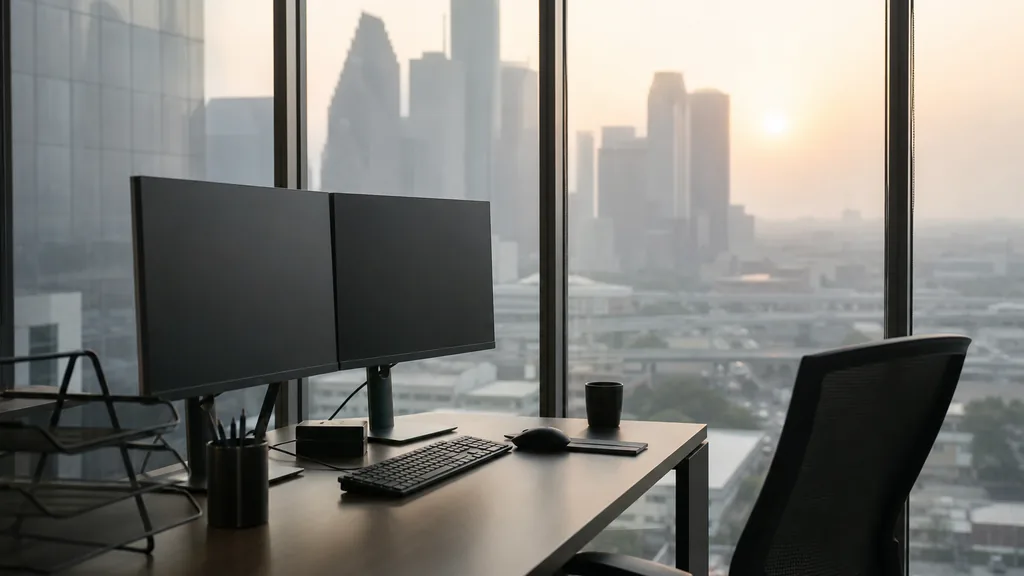 Editorial photograph of a Houston glass tower office, humid gulf haze and low sun through wide windows