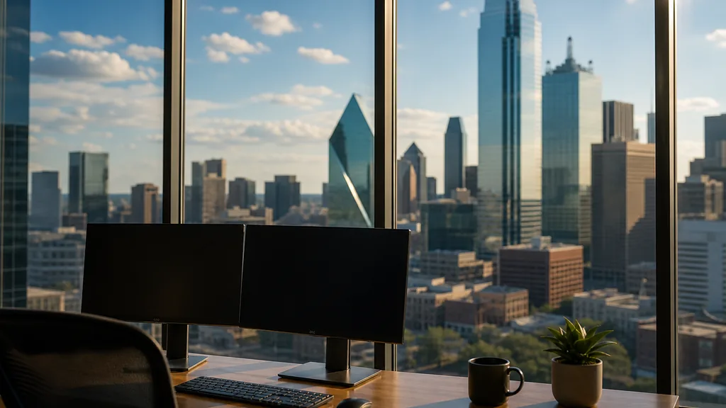 Editorial photograph of a Dallas downtown office, wide Texas sky and bright late afternoon light through tall glass