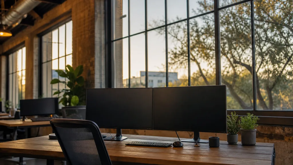Editorial photograph of an Austin converted warehouse loft, live oaks and golden hill-country light through steel windows