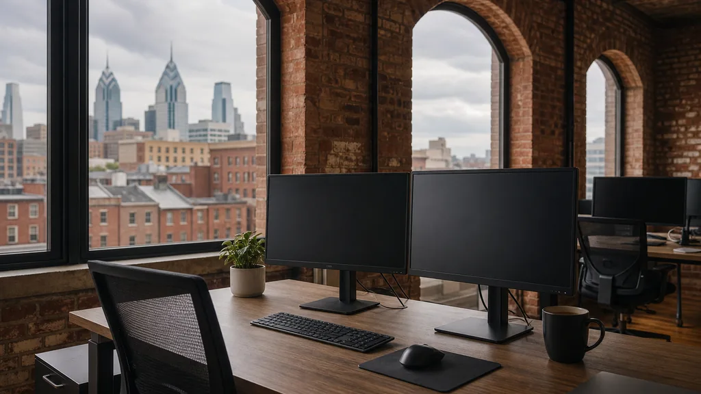 Editorial photograph of a Philadelphia brick loft office, historic rooftops and soft overcast light through arched windows