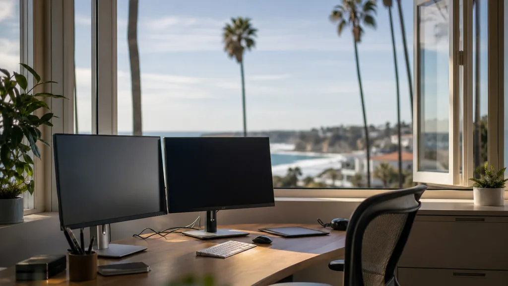 Editorial photograph of a San Diego coastal office, bright Pacific light and palms through wide open windows