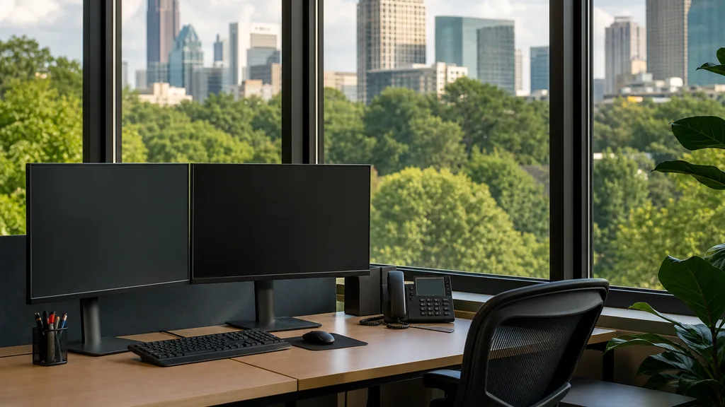Editorial photograph of an Atlanta midtown office, dense green tree canopy and warm southern light through tall glass