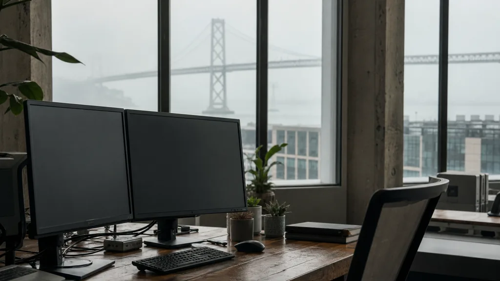 Editorial photograph of a San Francisco SoMa loft office, fog-softened daylight and bay bridge silhouettes through tall windows