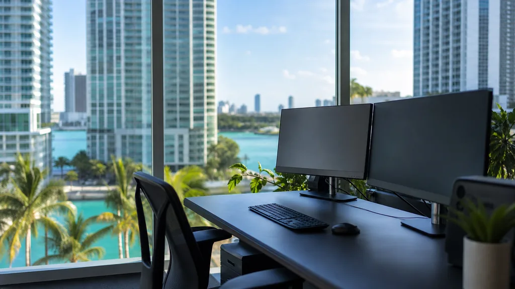 Editorial photograph of a Miami Brickell office, turquoise water and bright tropical light through floor-to-ceiling glass