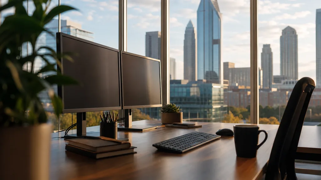 Editorial photograph of a Charlotte uptown office, banking towers and warm Carolina afternoon light through tall glass