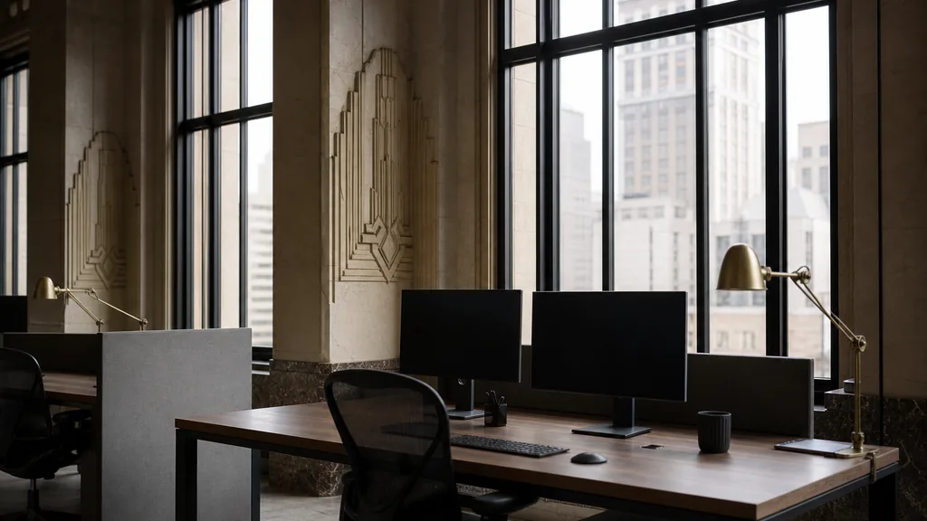 Editorial photograph of a Detroit restored downtown office, art deco stonework and cool northern light through steel windows
