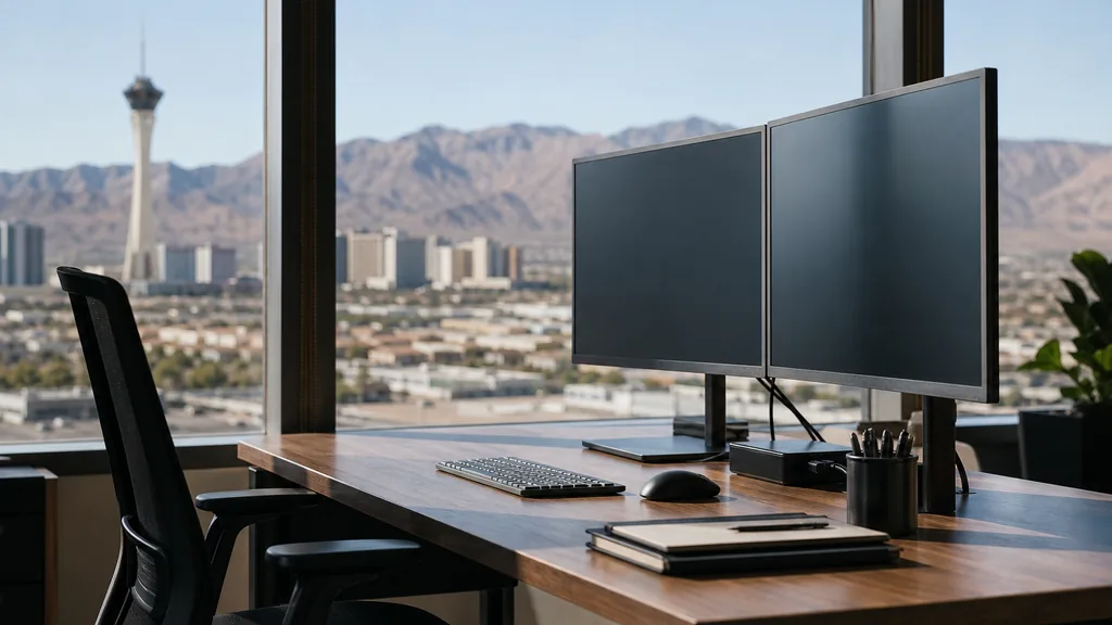 Editorial photograph of a Las Vegas desert-modern office, dry mountain horizon and hard bright sunlight through wide glass