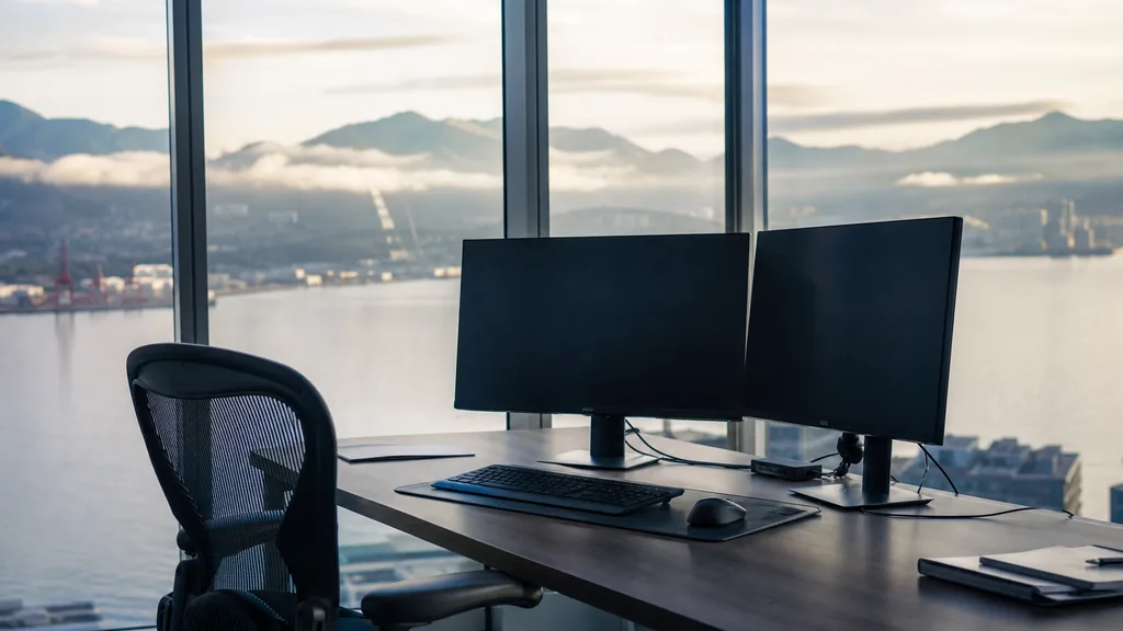 Editorial photograph of a Vancouver harbour-front office, coastal mountains and soft misty Pacific light through glass walls