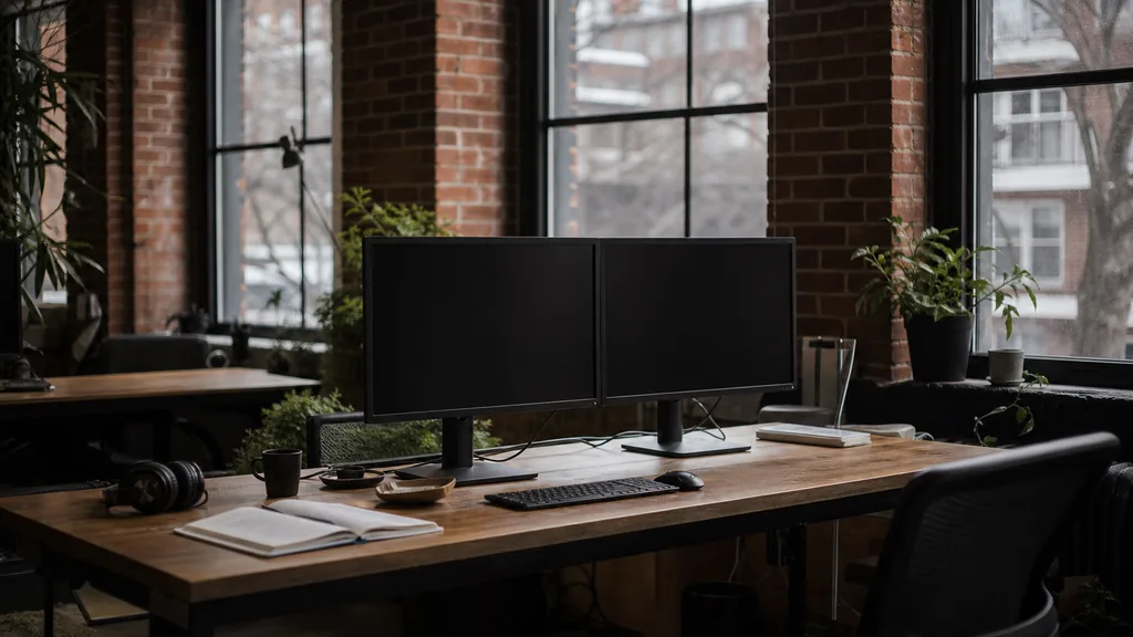 Editorial photograph of a Montreal Mile End loft office, red brick and cool snowy winter light through factory windows