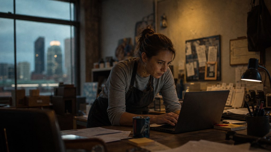 A small-business owner in an apron leaning over a laptop on a cluttered back-office desk late in the day, photographed in Denver