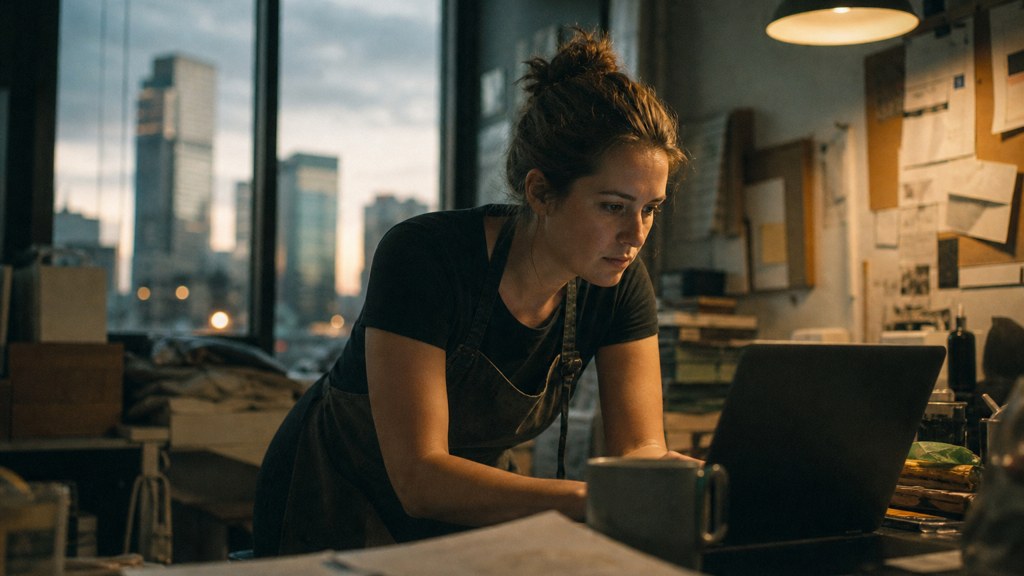 A small-business owner in an apron leaning over a laptop on a cluttered back-office desk late in the day, photographed in Denver
