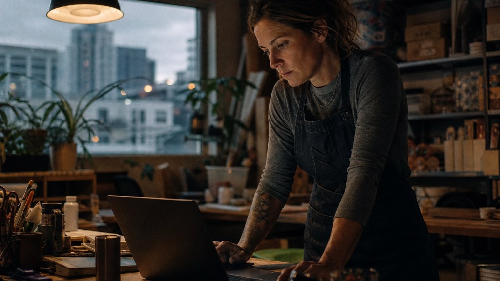 A small-business owner in an apron leaning over a laptop on a cluttered back-office desk late in the day, photographed in Denver