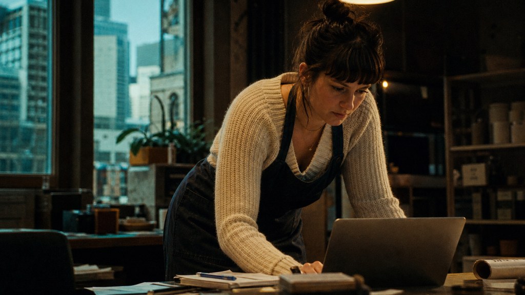 A small-business owner in an apron leaning over a laptop on a cluttered back-office desk late in the day, photographed in Denver