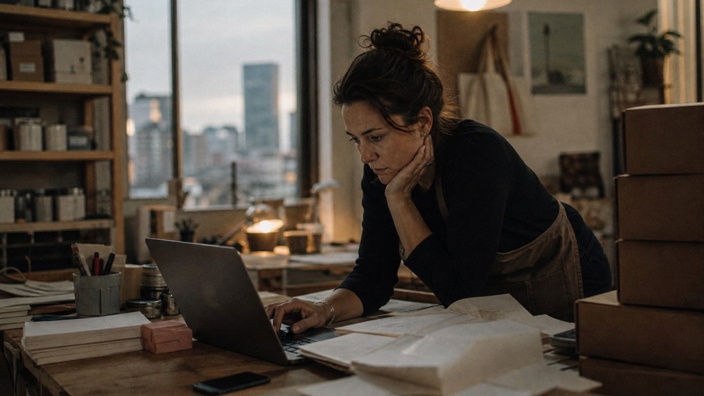 A small-business owner in an apron leaning over a laptop on a cluttered back-office desk late in the day, photographed in Denver