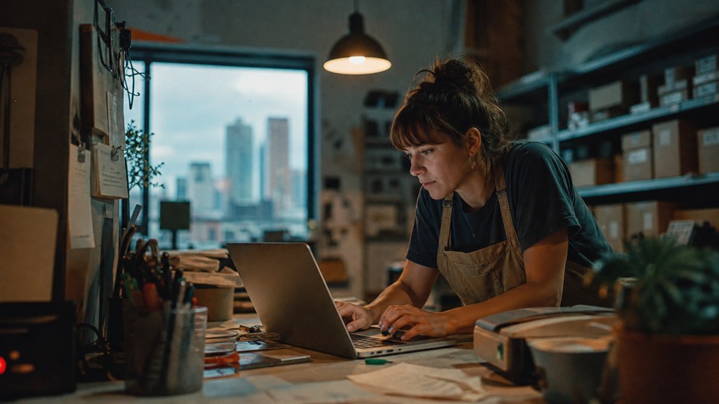 A small-business owner in an apron leaning over a laptop on a cluttered back-office desk late in the day, photographed in Denver