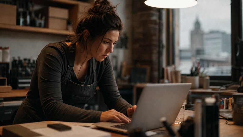 A small-business owner in an apron leaning over a laptop on a cluttered back-office desk late in the day, photographed in Denver