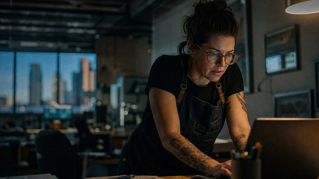 A small-business owner in an apron leaning over a laptop on a cluttered back-office desk late in the day, photographed in Denver